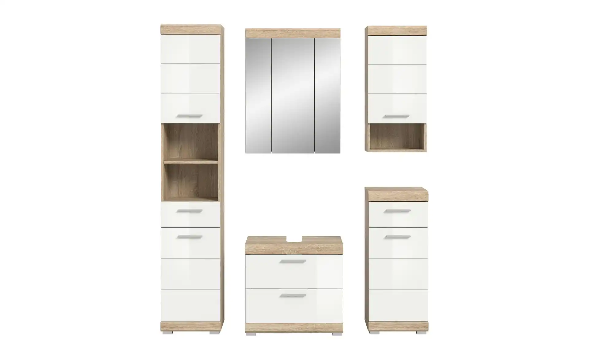 Badmöbel-Set SCHLOONSEE, 5 teilig, bestehend aus: Hochschrank, WBU, Spiegelschrank, Unterschrank, Hängeschrank Schloonsee