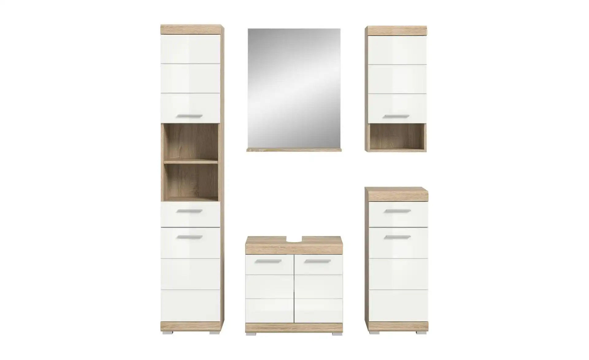 Badmöbel-Set SCHLOONSEE, 5 teilig, bestehend aus: Hochschrank, WBU, Spiegel, Unterschrank, Hängeschrank Schloonsee