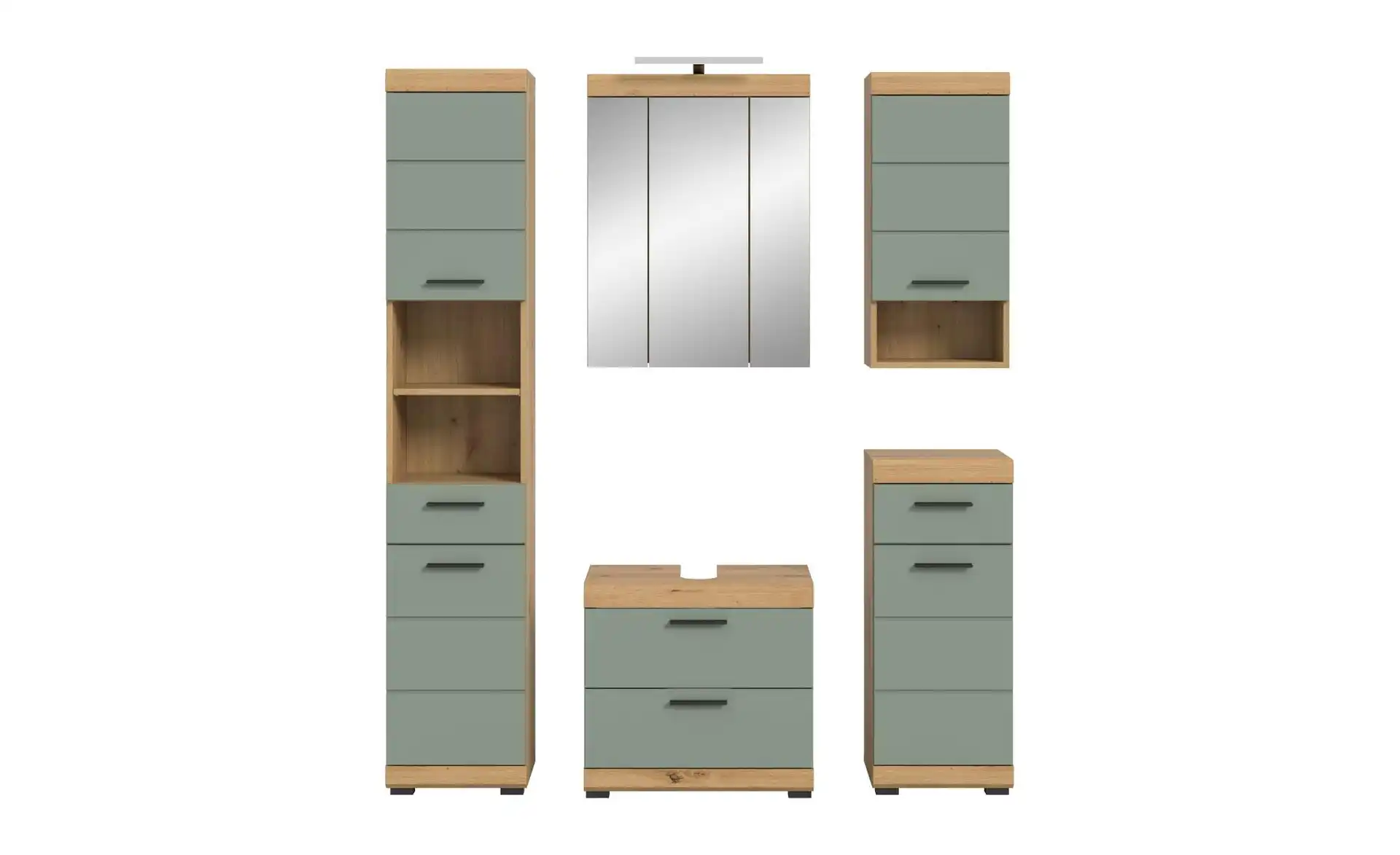 Badmöbel-Set SCHLOONSEE, 5 teilig, inklusive LED Beleuchtung, bestehend aus: Hochschrank, WBU, Spiegelschrank, Unterschrank, Hängeschrank Schloonsee