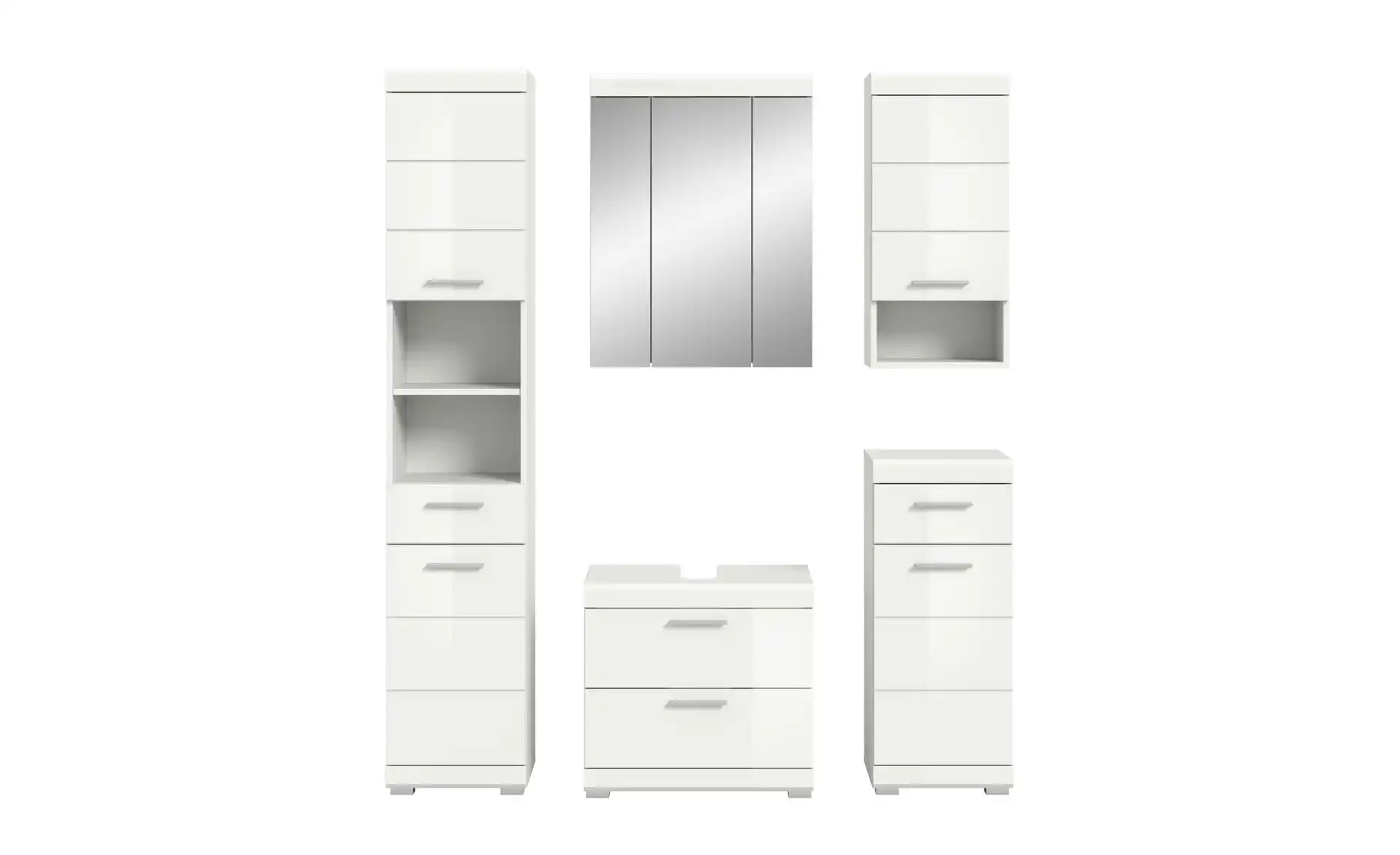 Badmöbel-Set SCHLOONSEE, 5 teilig, bestehend aus: Hochschrank, WBU, Spiegelschrank, Unterschrank, Hängeschrank Schloonsee