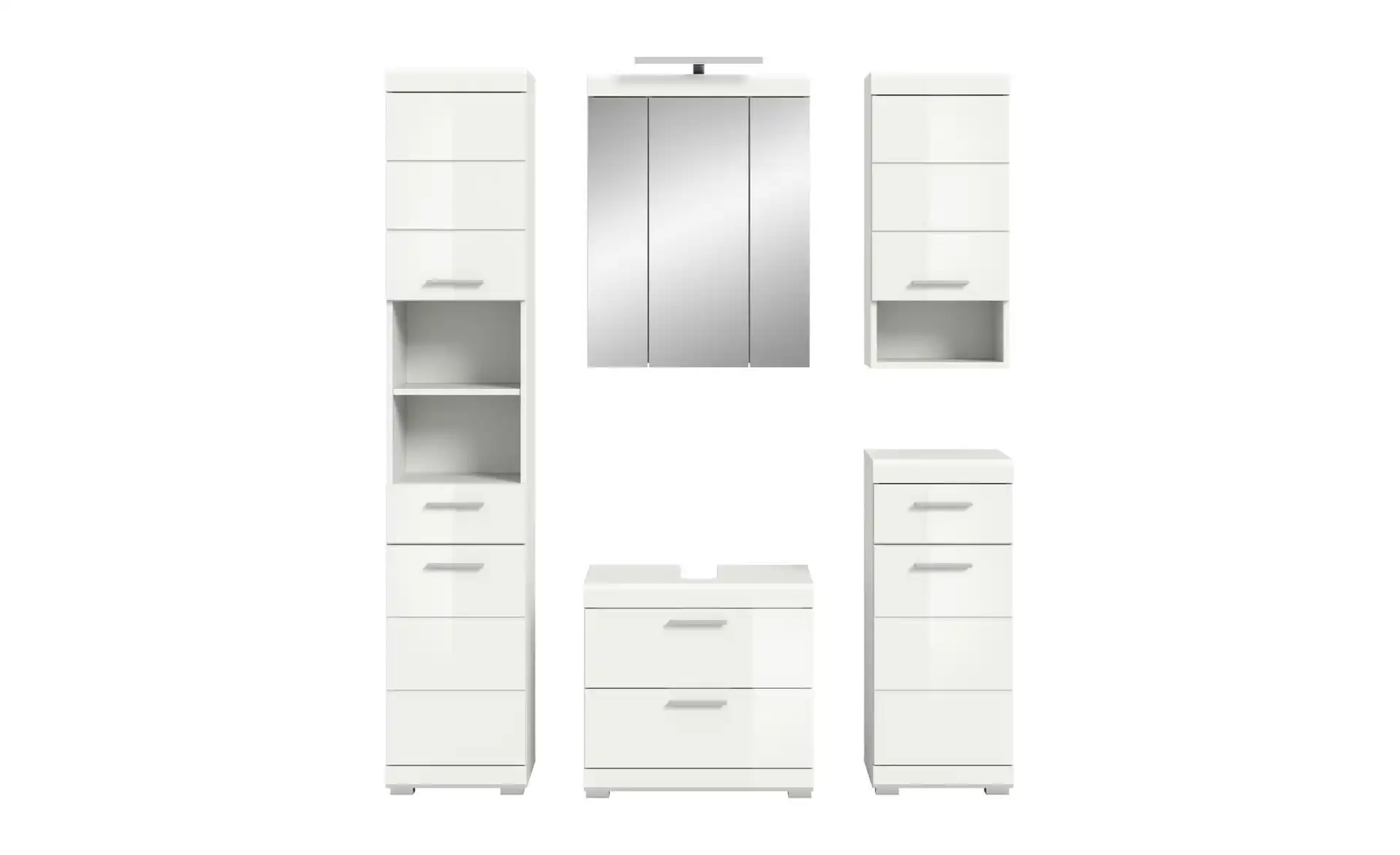 Badmöbel-Set SCHLOONSEE, 5 teilig, inklusive LED Beleuchtung, bestehend aus: Hochschrank, WBU, Spiegelschrank, Unterschrank, Hängeschrank Schloonsee