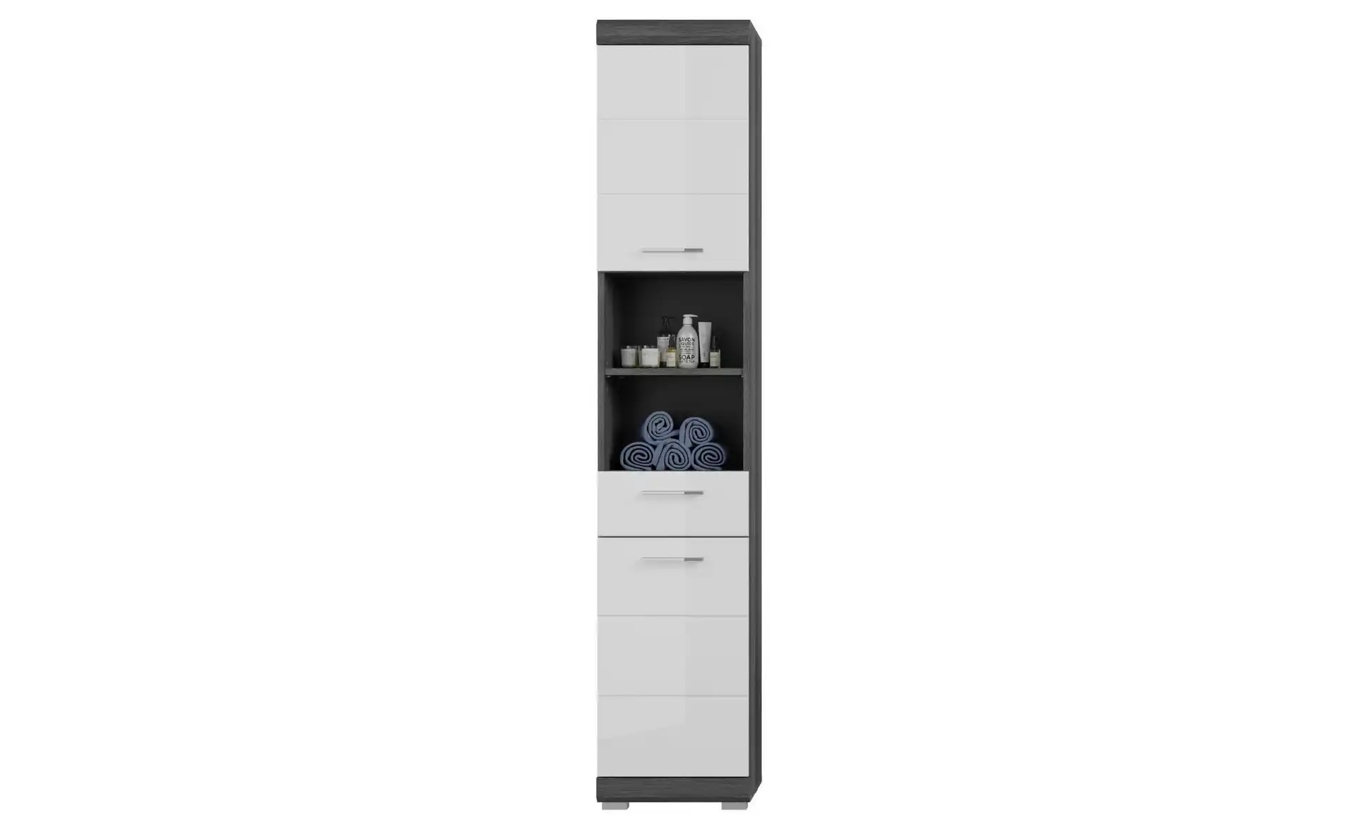 Hochschrank SCHLOONSEE, Breite 37cm, 2 Tür, 1 Schubkasten, 2 offene Fächer, MDF-Front, in verschiedenen Farben erhältlich, Badmöbel, Badschrank, Schrank, Bad Schloonsee