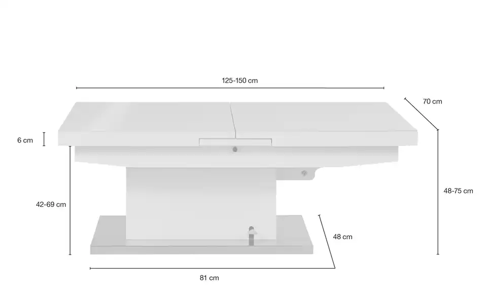 Couchtisch Grado höhenverstellbar und ausziehbar, Bemaßung