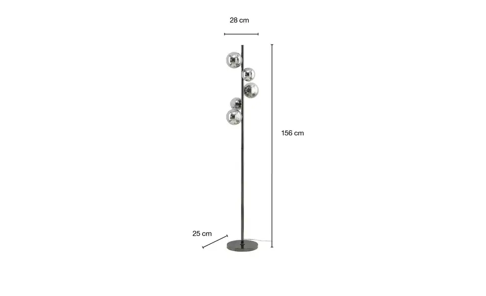 Meisterleuchten Stehleuchte, 5-flammig, schwarzchrom,Rauchglas Hins Black, Bemaßung