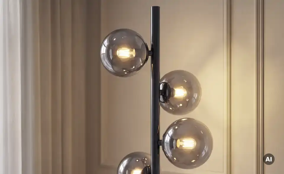 Meisterleuchten Stehleuchte, 5-flammig, schwarzchrom,Rauchglas Hins Black, Detailansicht