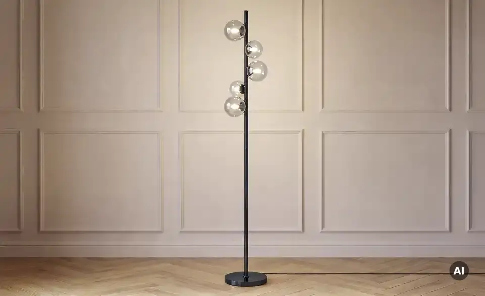 Meisterleuchten Stehleuchte, 5-flammig, schwarzchrom,Rauchglas Hins Black, in Wohnsituation