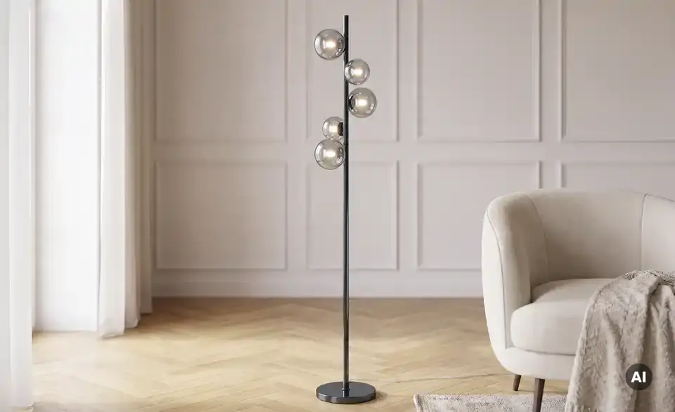 Meisterleuchten Stehleuchte, 5-flammig, schwarzchrom,Rauchglas Hins Black, in Wohnsituation