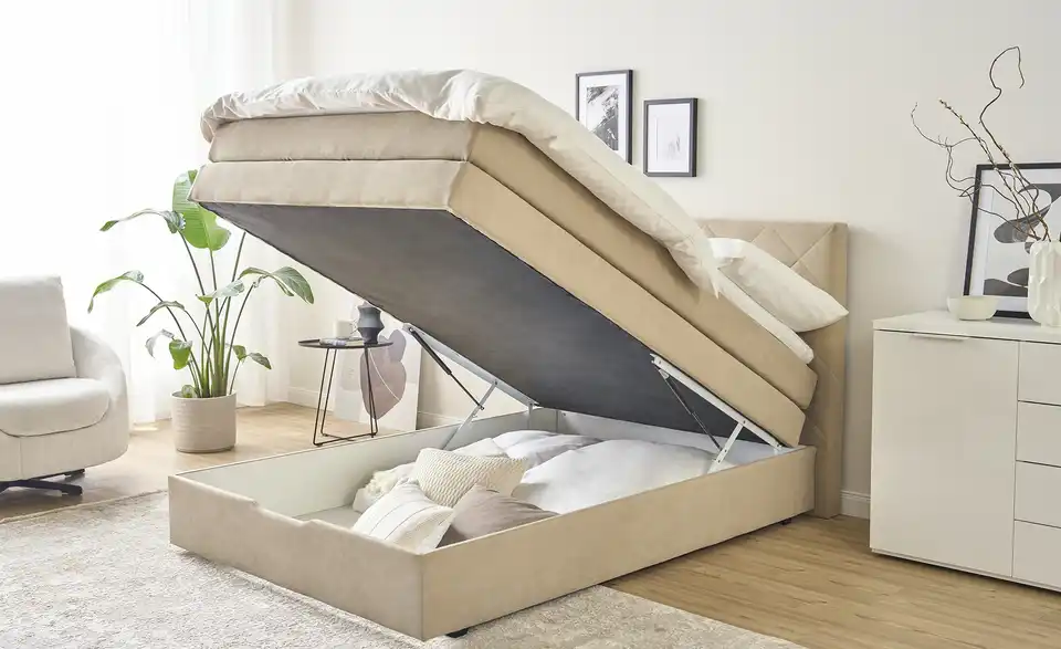 Boxspringbett Princess mit Bettkasten und Topper, Beige, Funktionsansicht