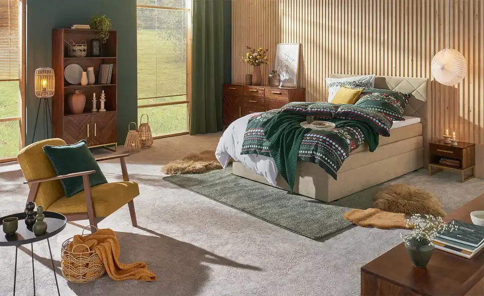 Boxspringbett Princess mit Bettkasten und Topper, Beige, in Wohnsituation
