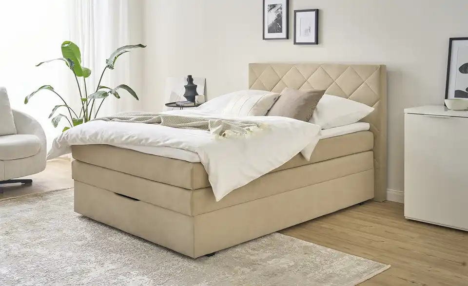 Boxspringbett Princess mit Bettkasten und Topper, Beige, Perspektive