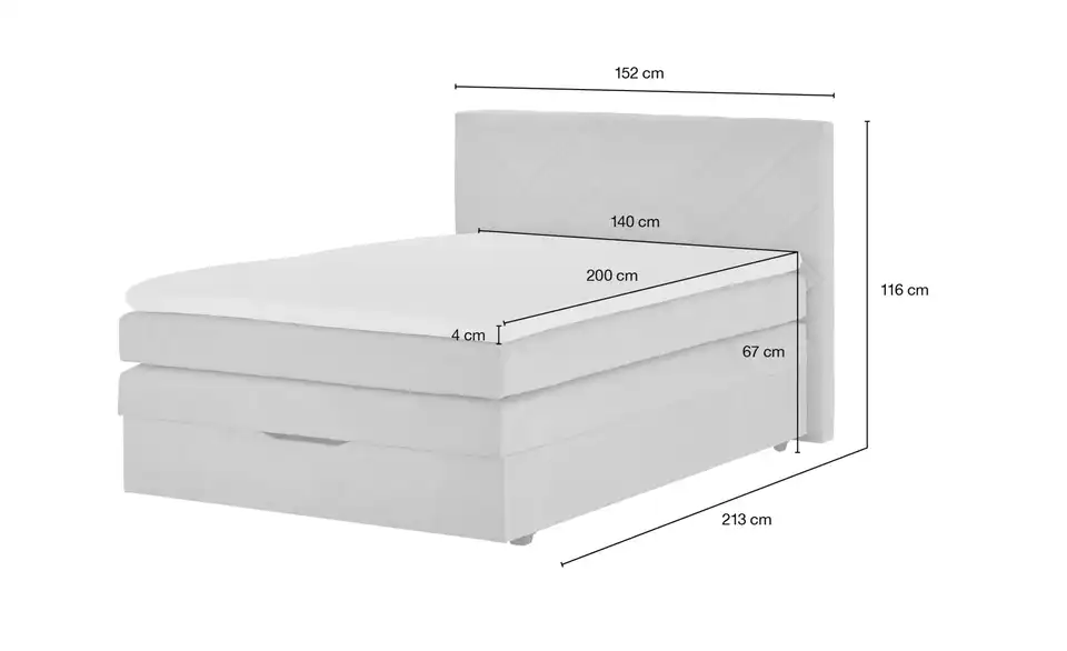 Boxspringbett Princess mit Bettkasten und Topper, Beige, Bemaßung
