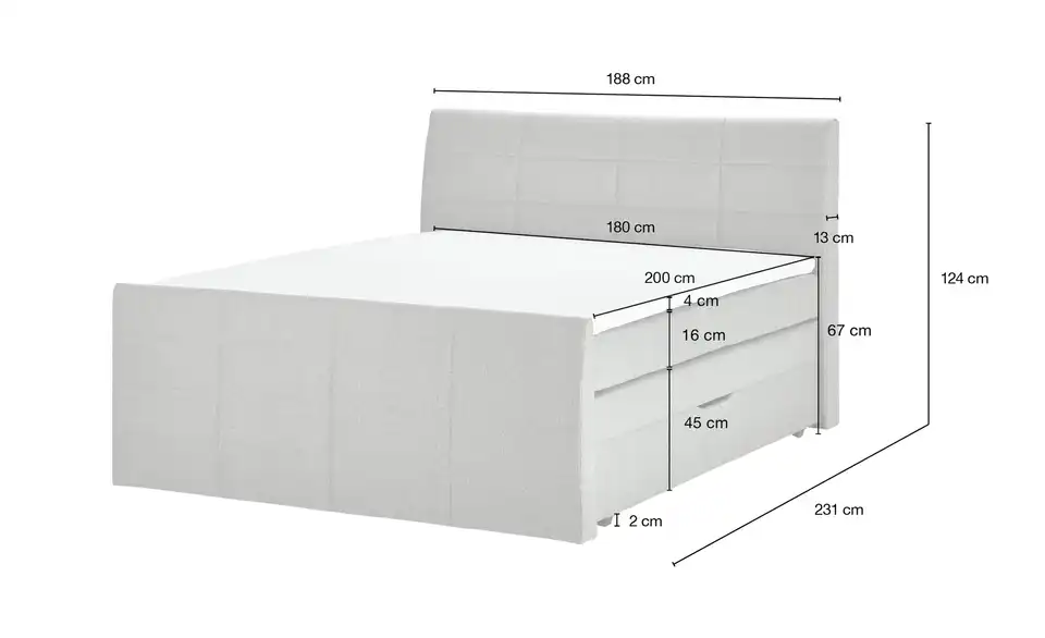 Boxspringbett Baron mit Bettkasten und Topper, Bemaßung