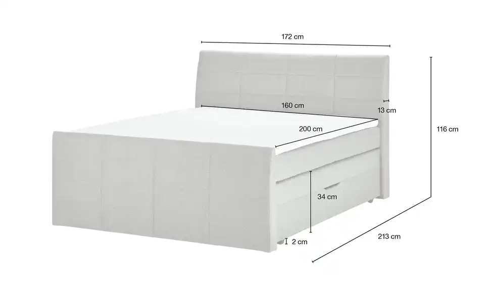 Boxspringbett Baron mit Bettkasten und Topper, Bemaßung