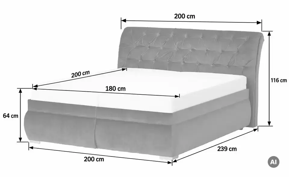 Polsterdoppelbett Derby, Bemaßung
