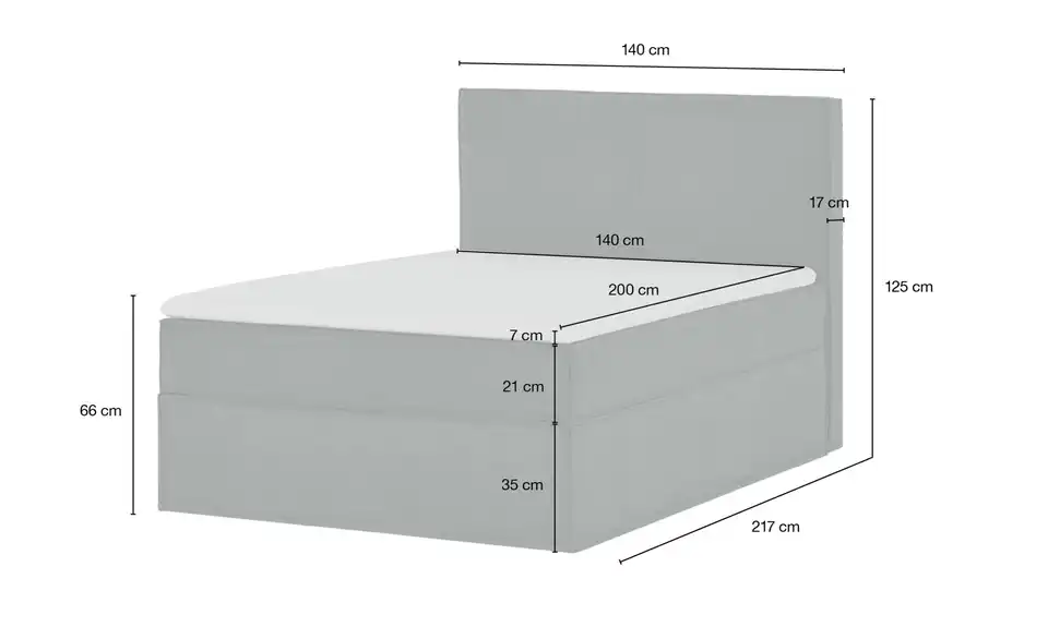 Boxi Boxspringbett 140 x 200 cm Boxi Urban mit trendigem Keder, Bemaßung