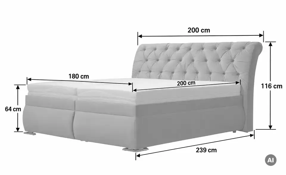 Polsterdoppelbett Derby, Bemaßung