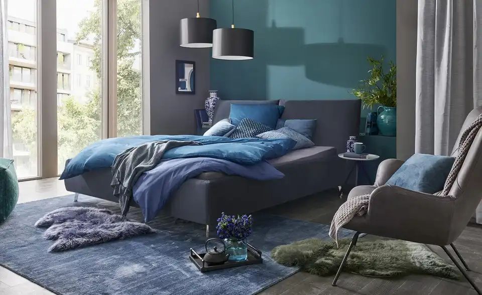 Polsterbettgestell HORUS Navyblau 200x200 cm - Einrichtungsbeispiel