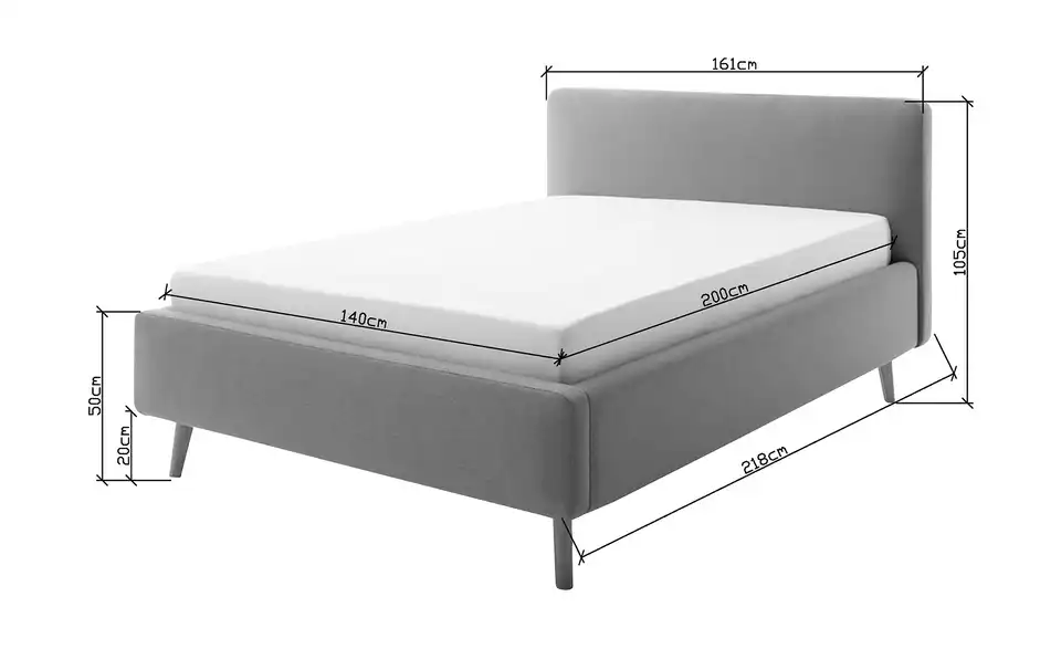 Polsterbett Mattis mit Bettkasten, Bemaßung