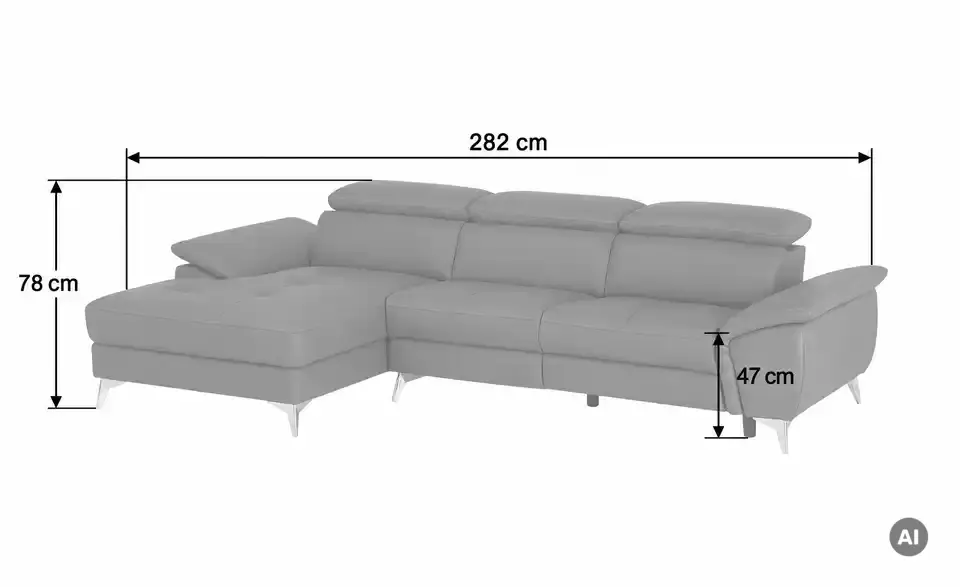 uno Leder-Ecksofa Danae klein, Bemaßung