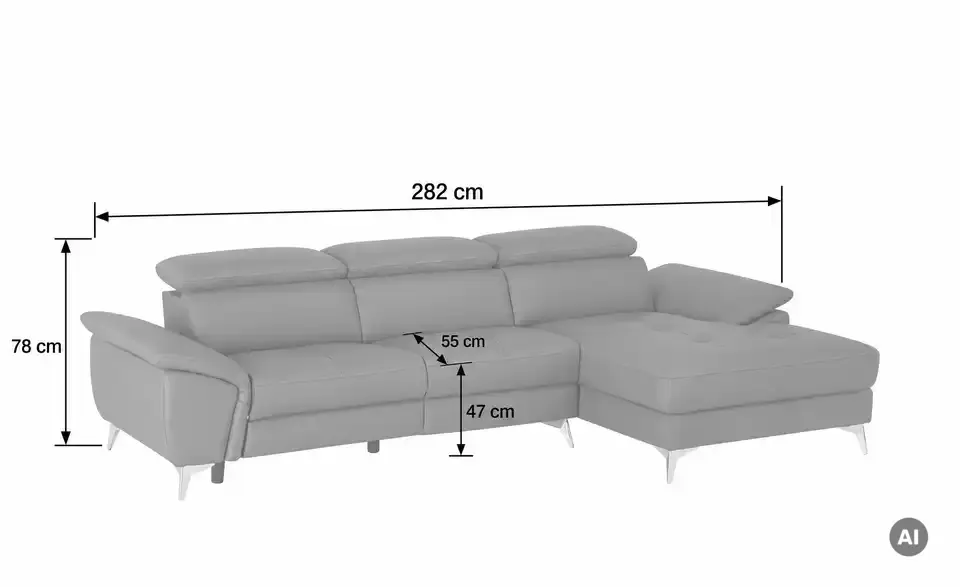 uno Leder-Ecksofa Danae klein, Bemaßung