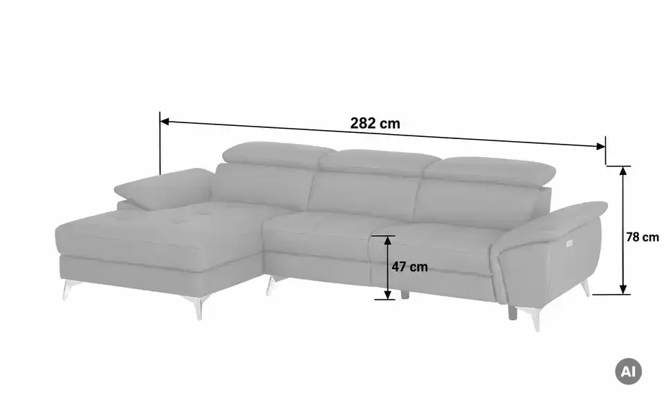 uno Leder-Ecksofa Danae klein, Bemaßung