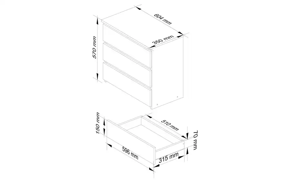 Kommode Carlo mit 3 Schubladen, Bemaßung