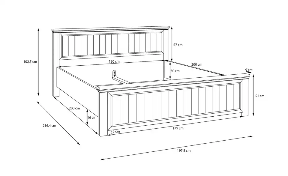 Bettgestell Countryside 180x200, Bemaßung