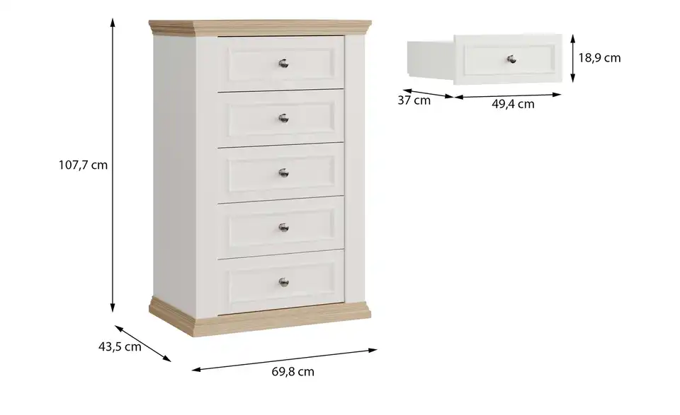 Schubkastenkommode Countryside mit 5 Schubladen, Bemaßung