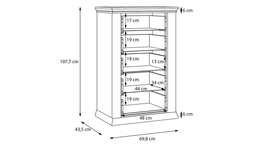 Schubkastenkommode Countryside mit 5 Schubladen, Bemaßung