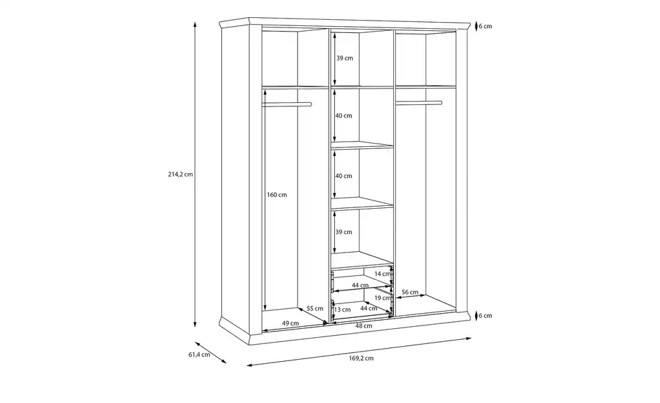 Drehtürenschrank Countryside mit Spiegel, Bemaßung