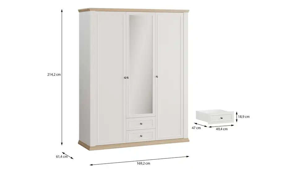 Drehtürenschrank Countryside mit Spiegel, Bemaßung
