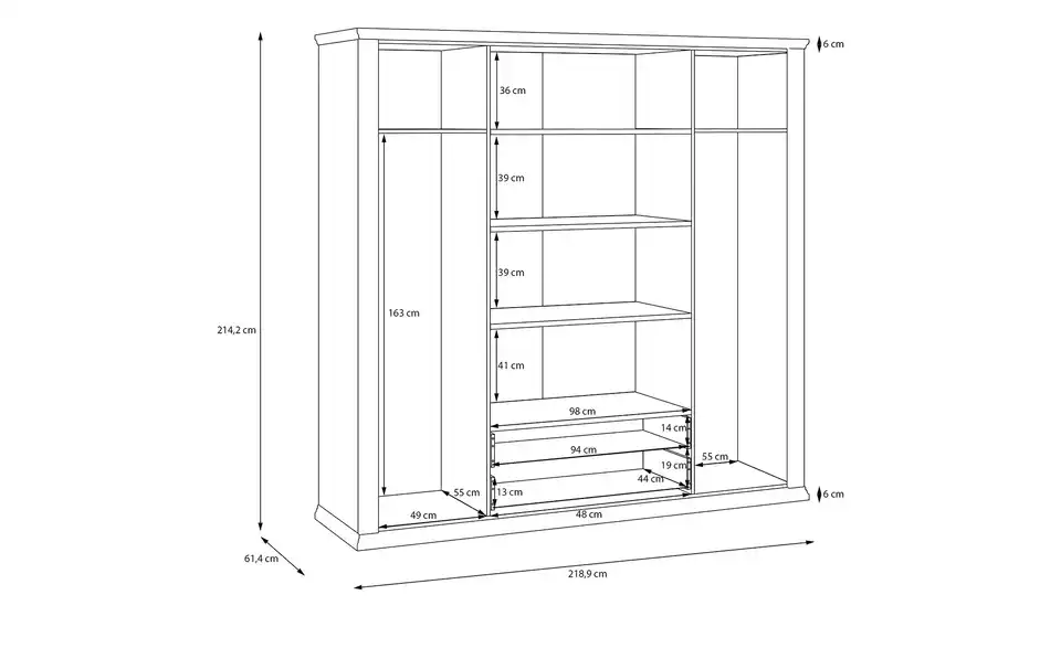Drehtürenschrank Countryside mit Spiegel, Bemaßung