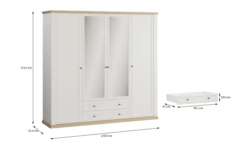 Drehtürenschrank Countryside mit Spiegel, Bemaßung