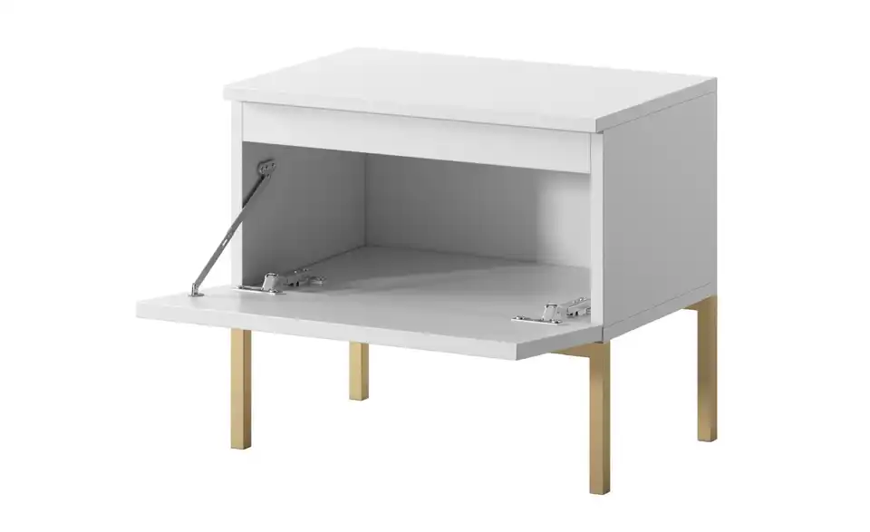 Selsey Nachtkommode Bemmi mit goldenem Kufengestell, geöffnet