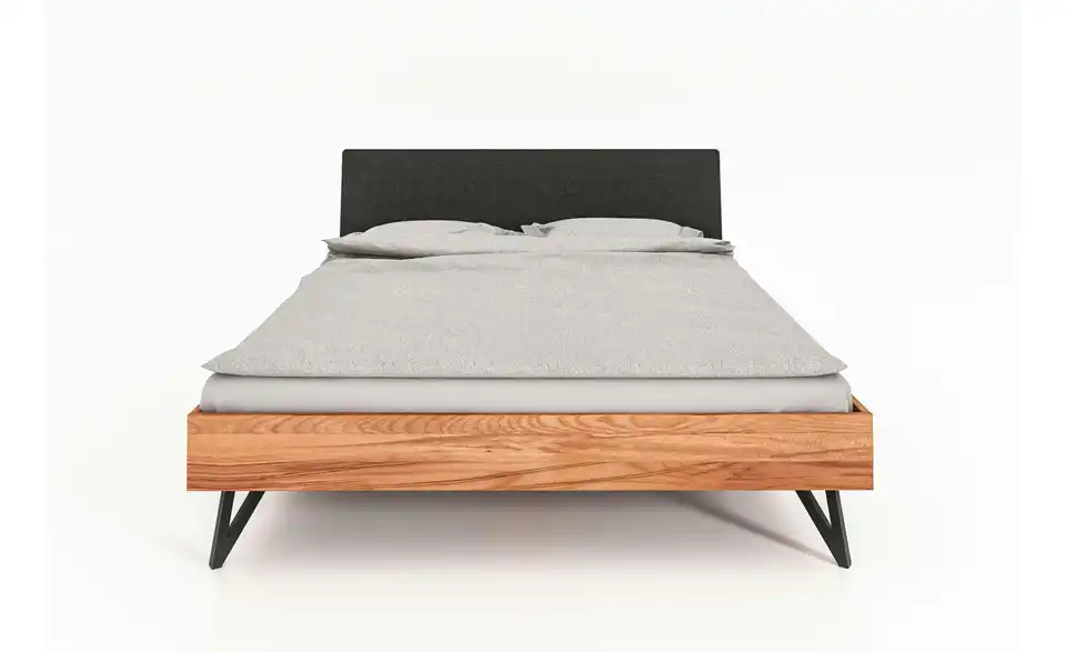 Massivholzbett Karl mit gepolstertem Kopfteil, Frontansicht