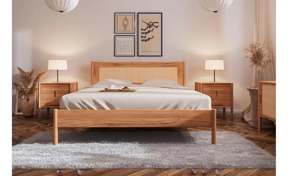 Massivholzbett Greta mit gepolstertem Kopfteil, in Wohnsituation