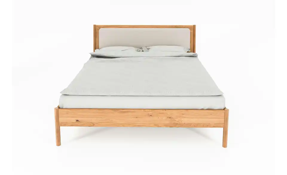 Massivholzbett Greta mit gepolstertem Kopfteil, Frontansicht
