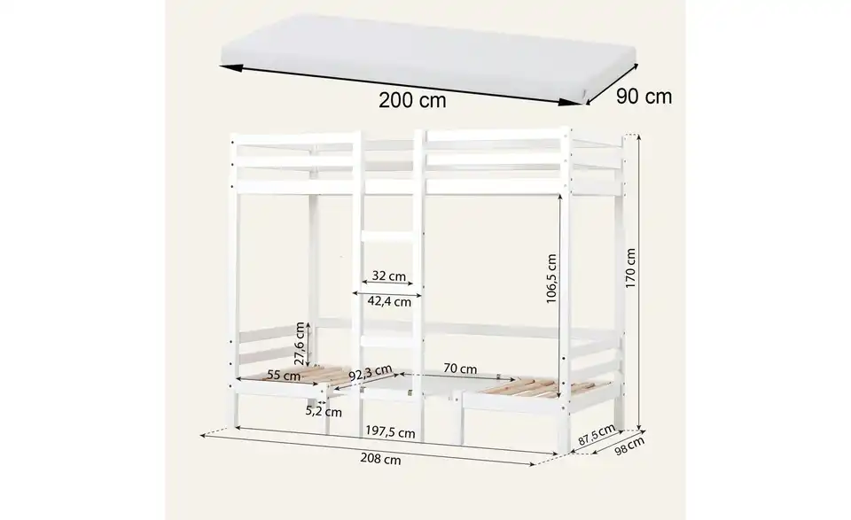 Hoppekids Etagenbett Eco Dream, Bemaßung