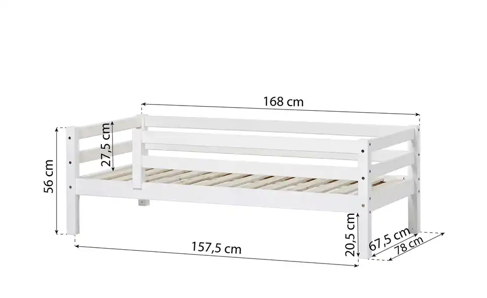 Hoppekids Juniorbett mit Rausfallschutz, Bemaßung