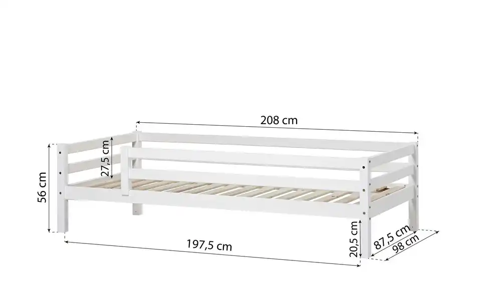 Hoppekids Juniorbett mit Rausfallschutz, Bemaßung