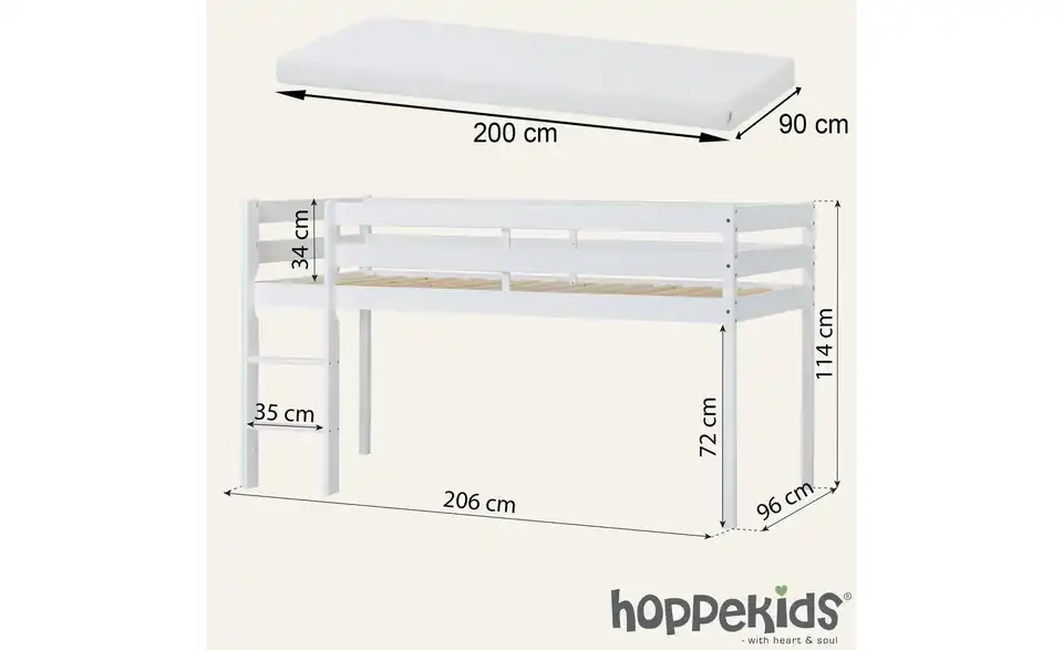 Hoppekids Halbhochbett, Bemaßung