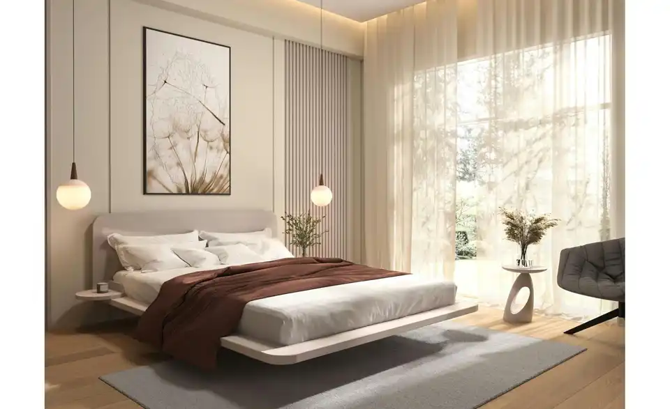 Massivholzbett Japandic in weiß, in Wohnsituation