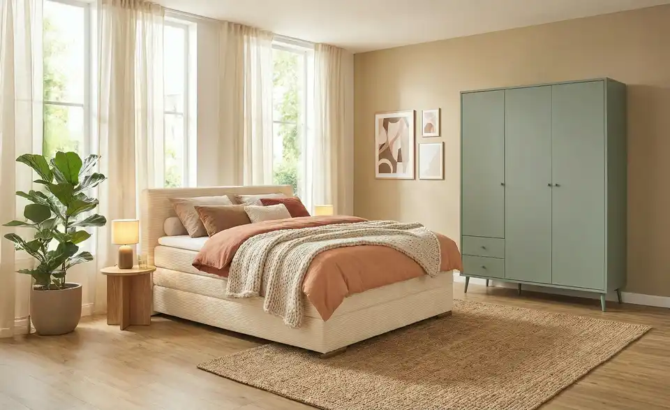 Kleiderschrank Hemsby 3-türig, Salbeigrün, mit Einlegeböden, in Wohnsituation