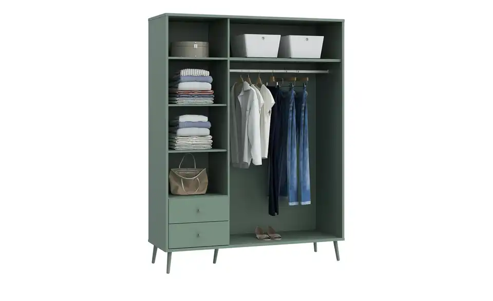 Kleiderschrank Hemsby 3-türig, Salbeigrün, mit Einlegeböden, geöffnet