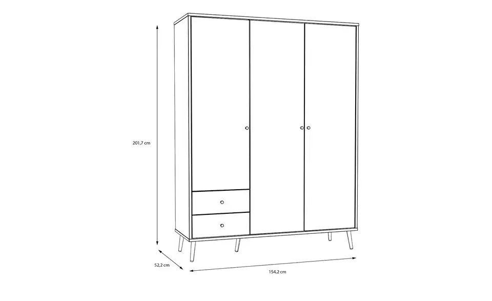 Kleiderschrank Hemsby 3-türig, Salbeigrün, mit Einlegeböden, Bemaßung