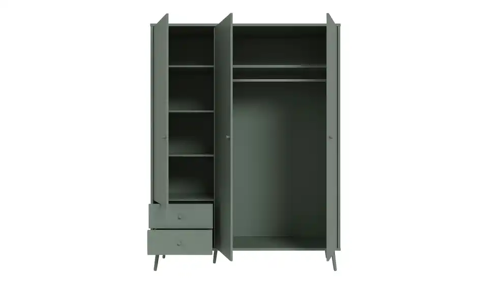 Kleiderschrank Hemsby 3-türig, Salbeigrün, mit Einlegeböden, geöffnet