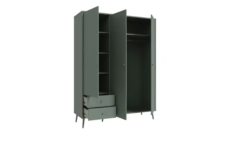 Kleiderschrank Hemsby 3-türig, Salbeigrün, mit Einlegeböden, geöffnet