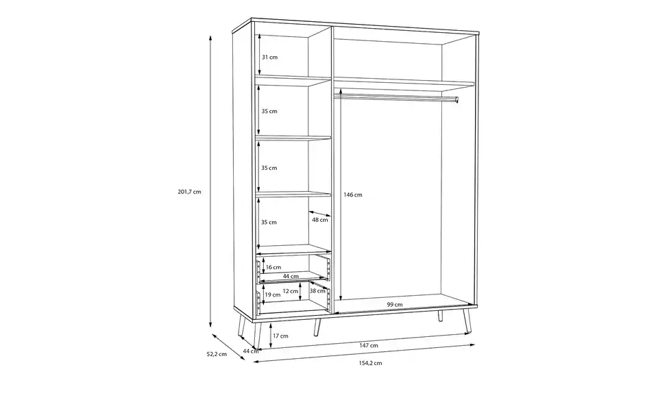 Kleiderschrank Hemsby 3-türig, Terracottafarben, mit Einlegeböden, Bemaßung