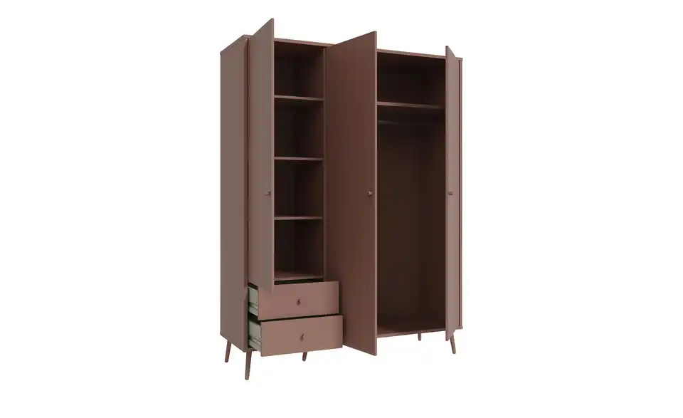 Kleiderschrank Hemsby 3-türig, Terracottafarben, mit Einlegeböden, geöffnet