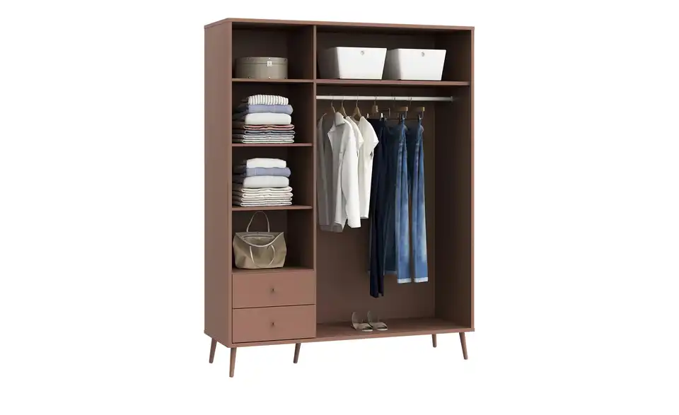 Kleiderschrank Hemsby 3-türig, Terracottafarben, mit Einlegeböden, geöffnet